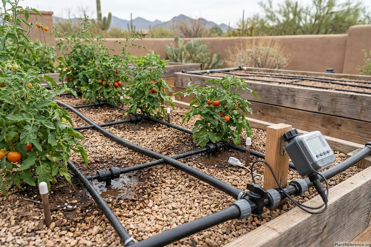 Drip irrigation tomato plants Phoenix Arizona desert gardening