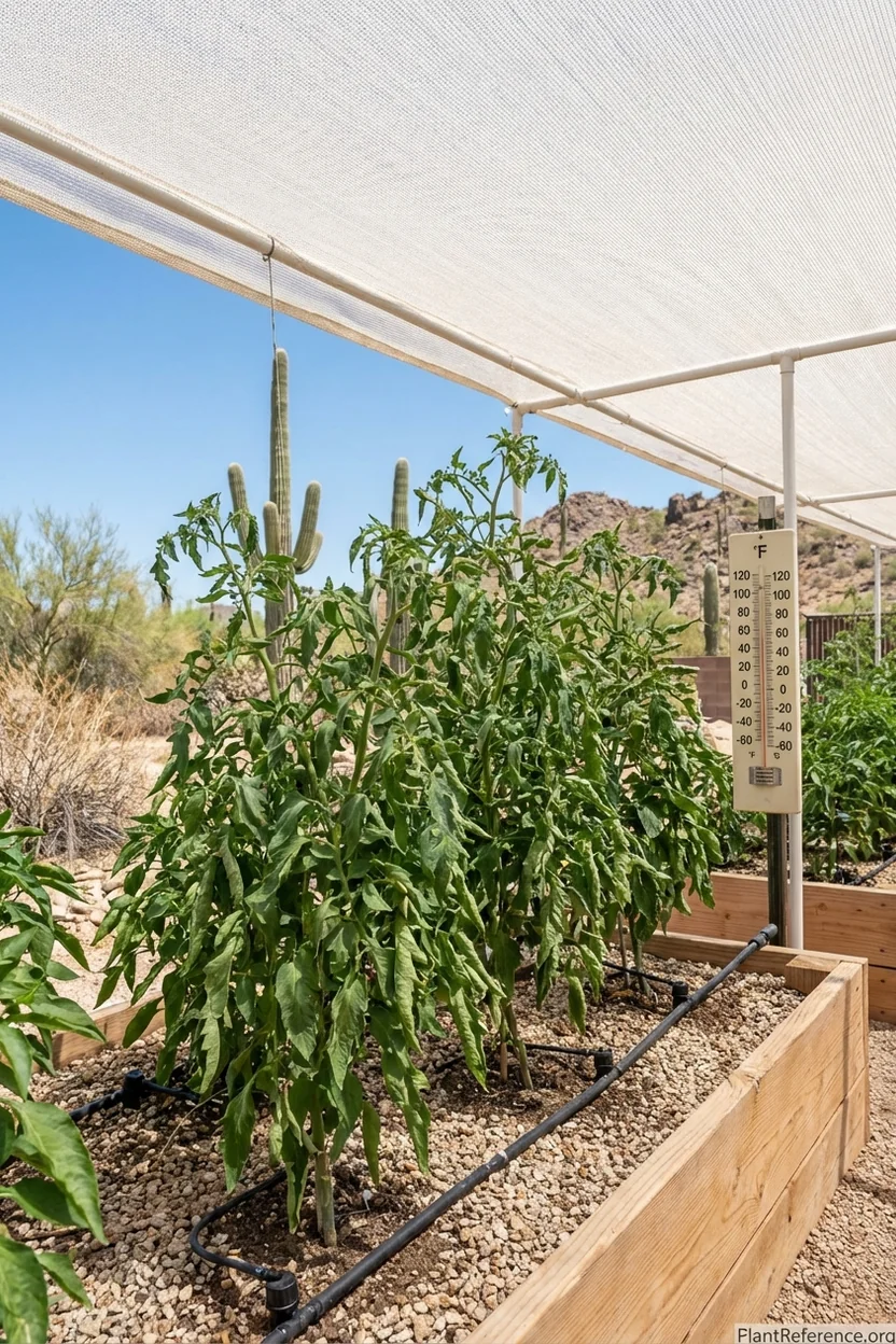 Shade cloth protecting tomato plants Phoenix Arizona summer heat