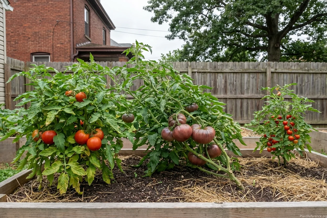 Best tomato varieties for Pittsburgh Zone 6b showing Early Girl, Cherokee Purple, and Stupice plants