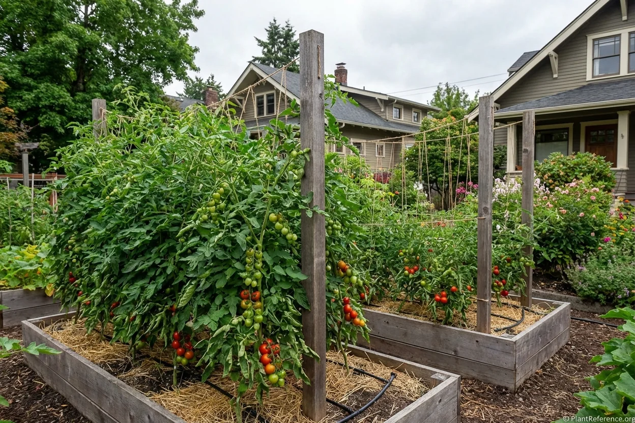 Portland Zone 8b tomato garden with proper staking, mulching, and irrigation setup