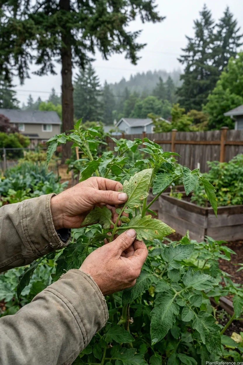 Portland gardener diagnosing tomato plant issues in Zone 8b maritime climate