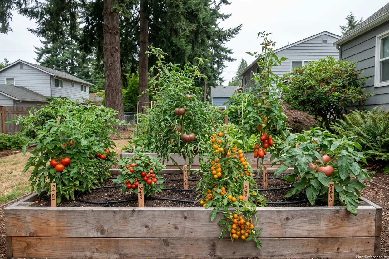 Six tomato varieties growing in Portland Zone 8b climate showing different growth patterns