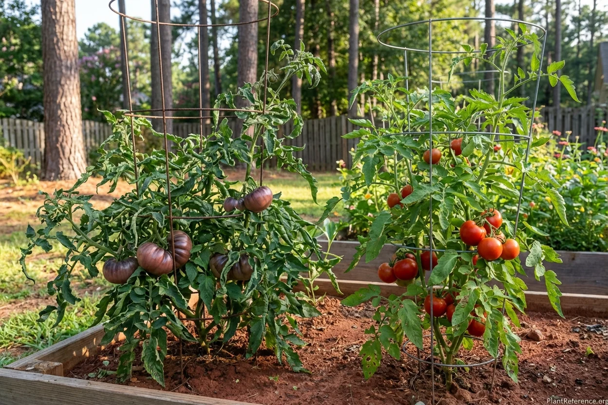 Cherokee Purple and Early Girl tomato varieties growing in Raleigh North Carolina Zone 7b garden