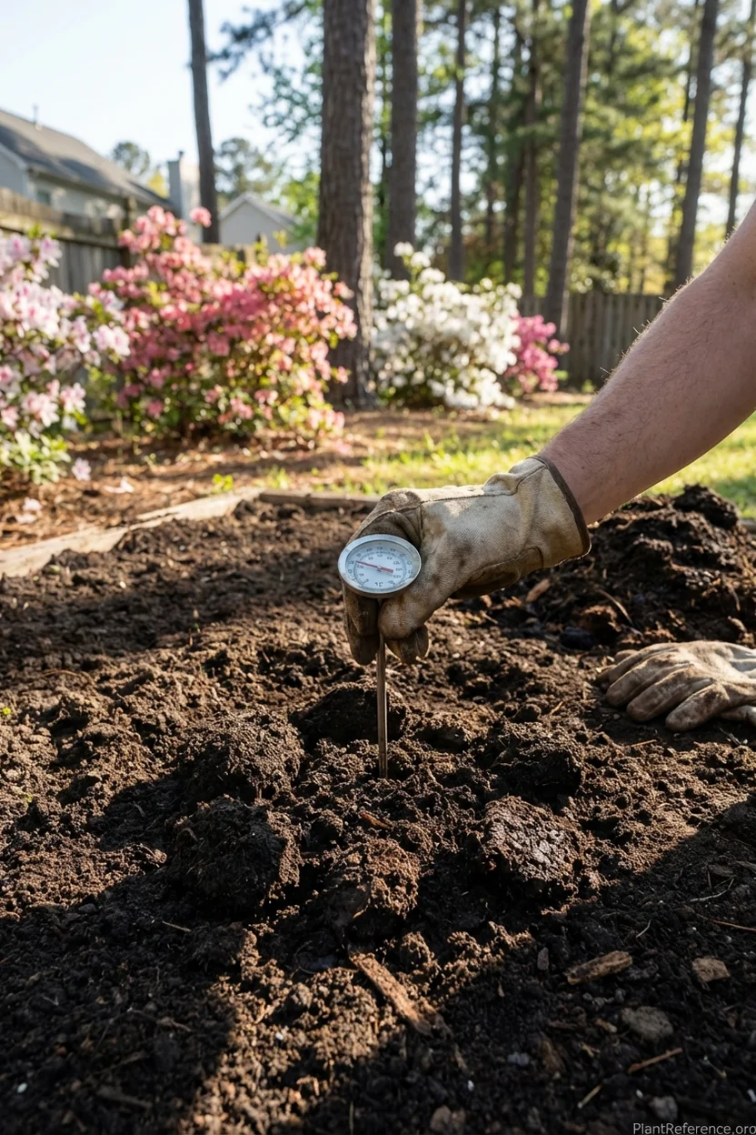 Testing soil temperature in Raleigh North Carolina garden bed before planting tomatoes in Zone 7b
