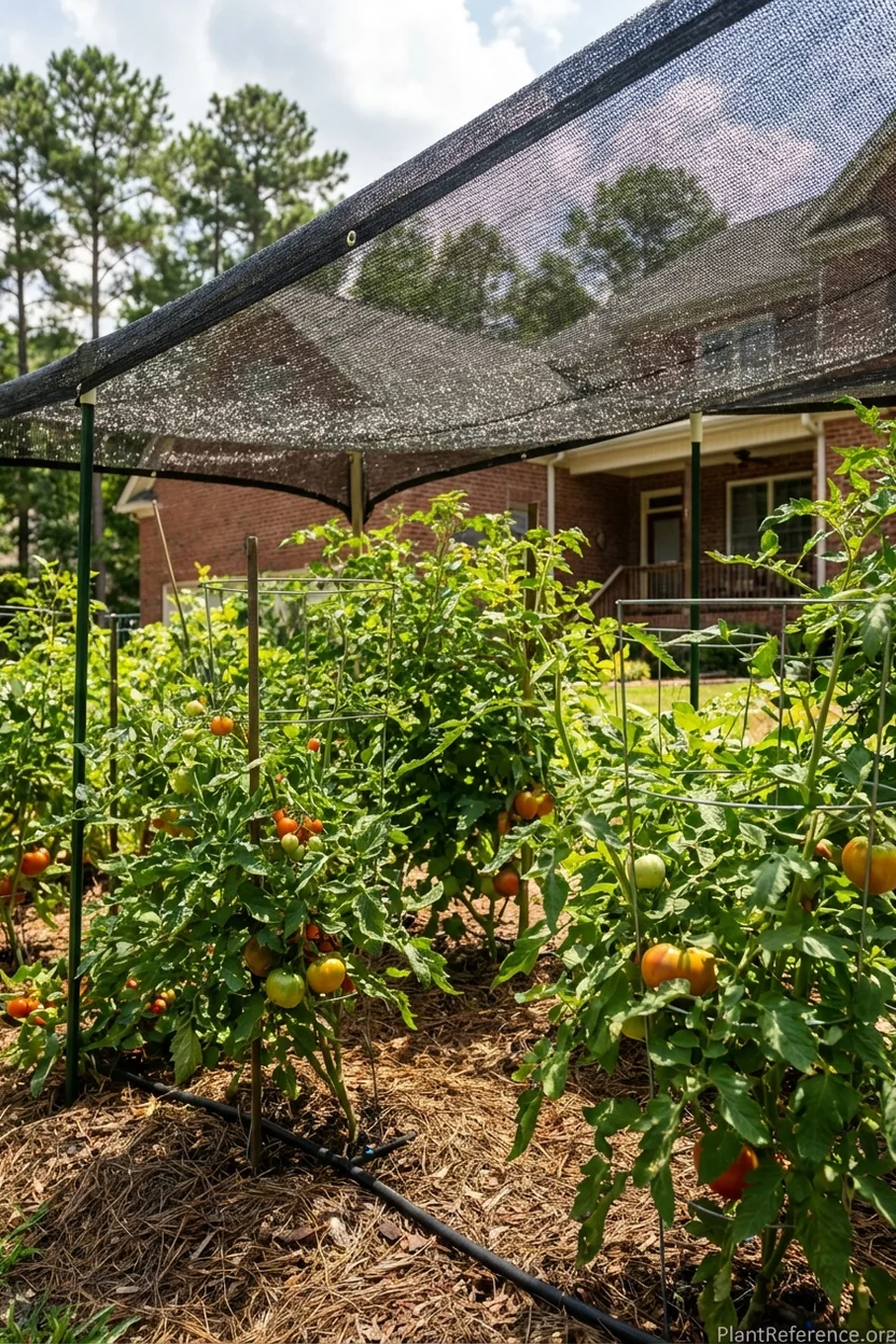 Tomato plants protected with shade cloth during North Carolina summer heat in Raleigh Zone 7b garden