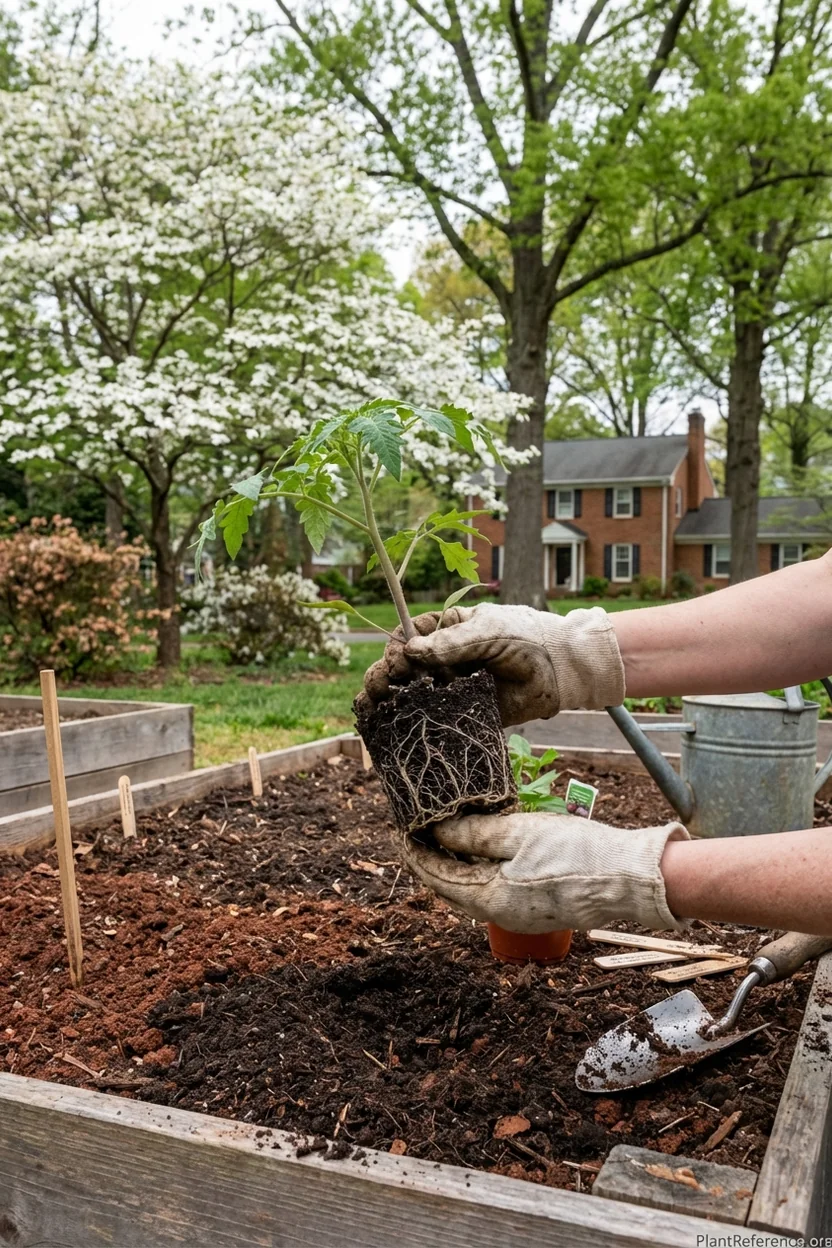 Transplanting tomato seedlings in Richmond Virginia garden in early May