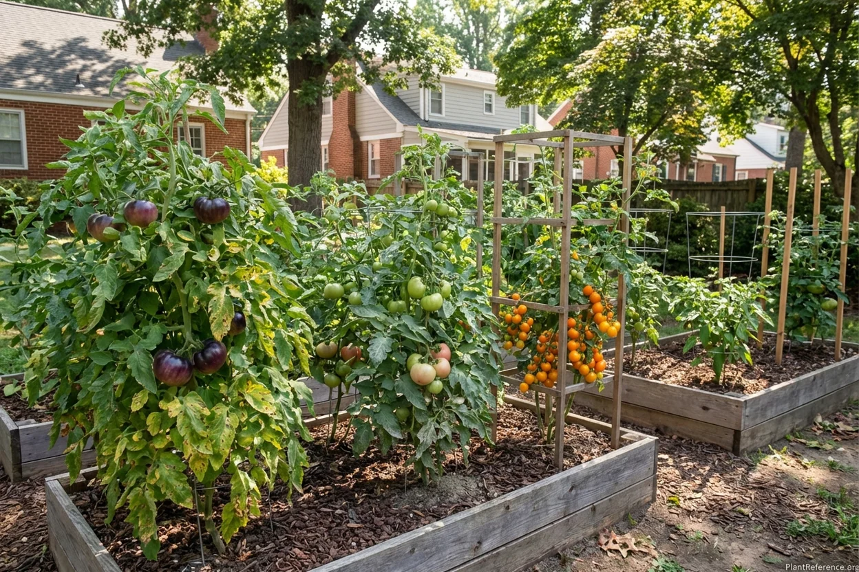 Different tomato varieties growing in Richmond Virginia garden showing size and growth differences