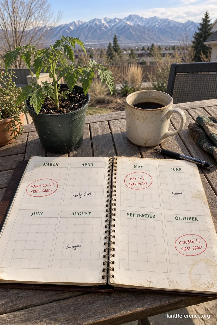 Salt Lake City tomato planting calendar showing March seed starting through October harvest dates