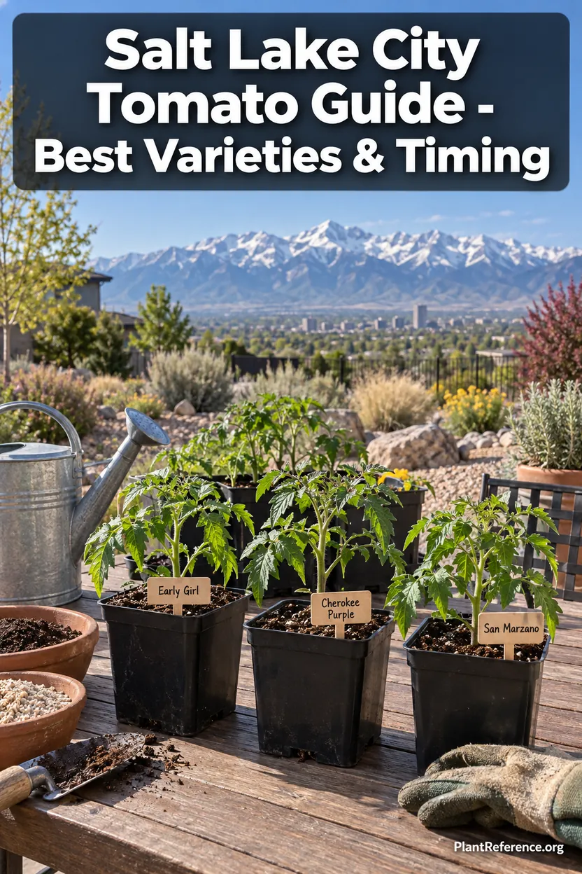 Salt Lake City tomato planting guide with mountain backdrop and planting timeline
