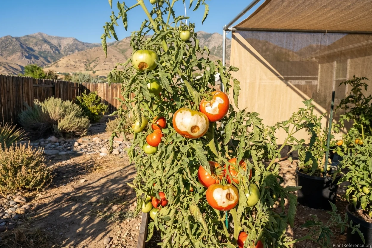 Tomato sunscald damage in Salt Lake City garden showing need for shade protection