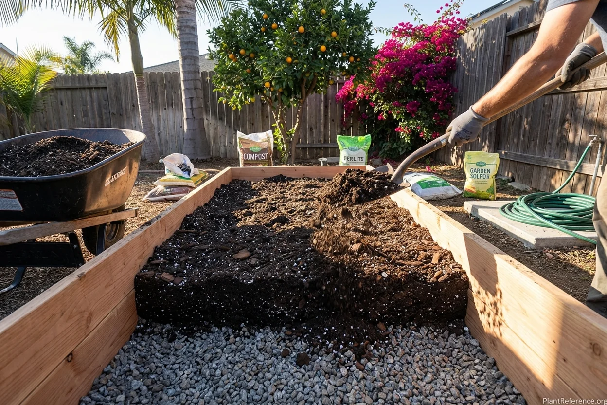Cross-section view of raised bed showing amended soil layers perfect for San Diego tomato growing