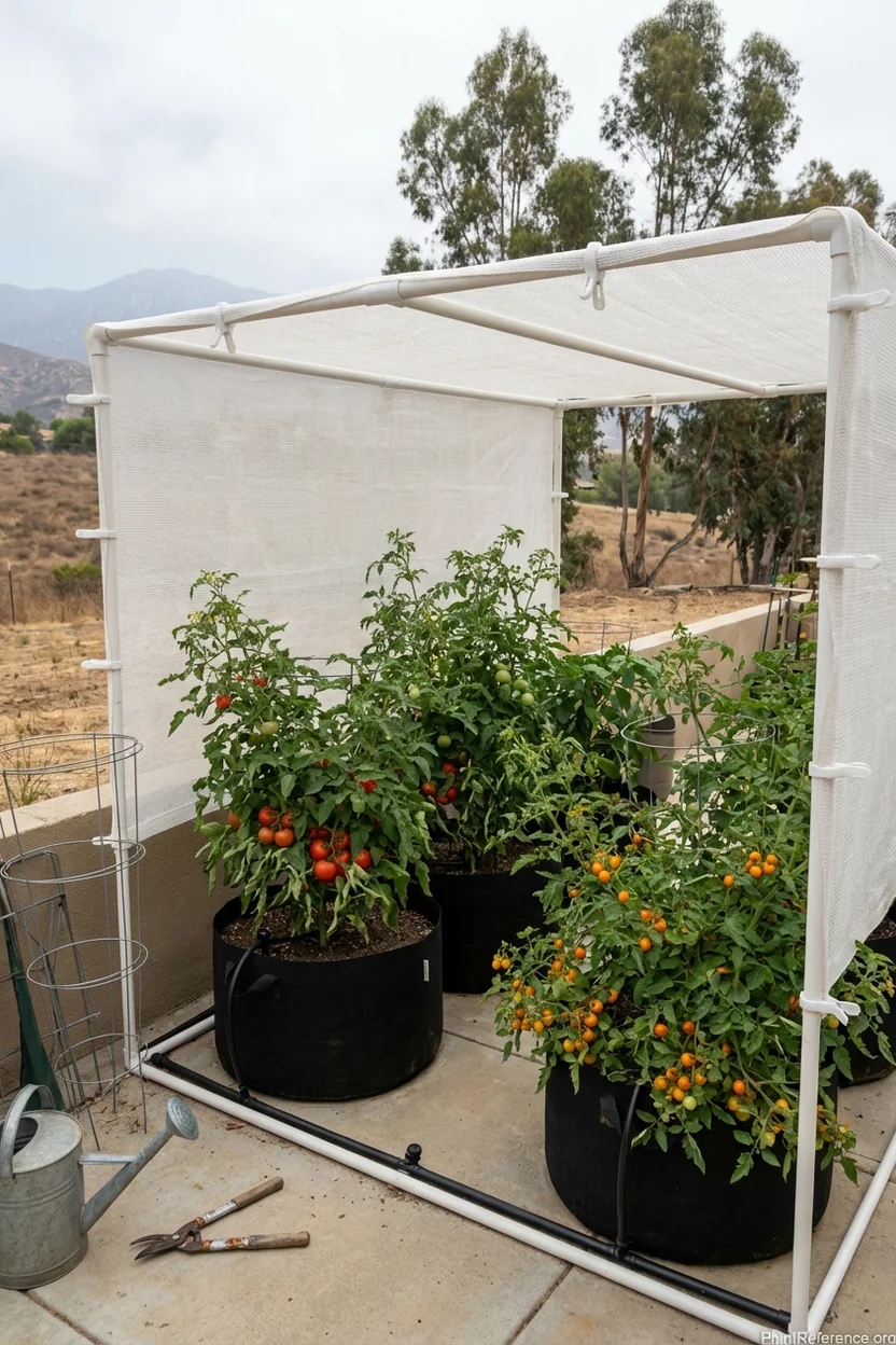 Tomato plants protected by shade cloth during San Diego summer heat showing proper heat management