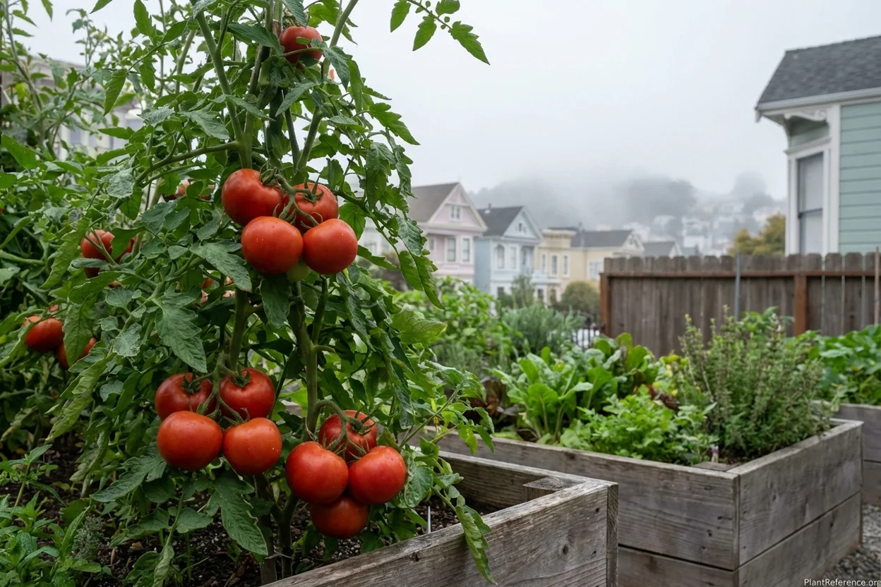 Early Girl tomatoes thriving in San Francisco garden despite cool foggy conditions