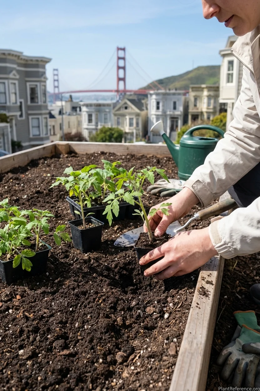 Gardener planting tomato seedlings in San Francisco garden with Golden Gate Bridge in background