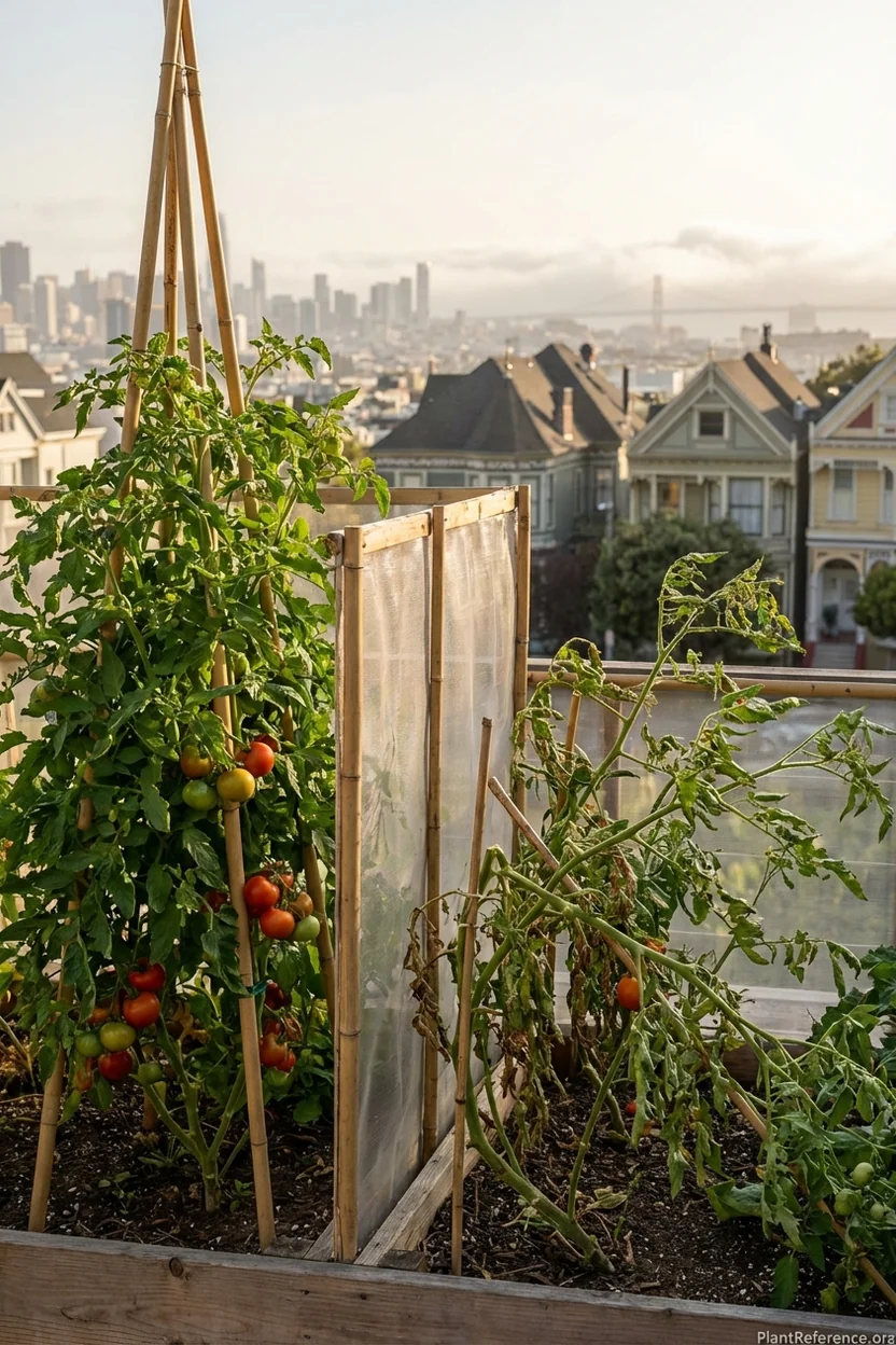 Side-by-side comparison of protected versus wind-damaged tomato plants in San Francisco