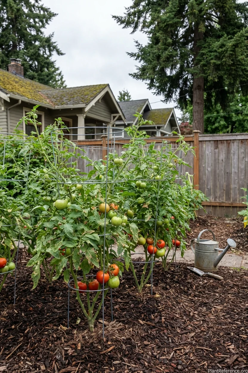 Proper tomato care in Seattle showing mulching and support systems for Zone 8b