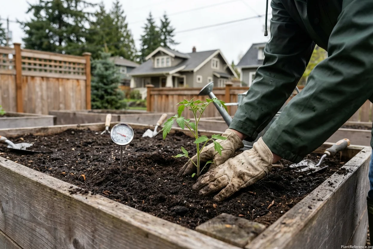 Transplanting tomatoes in Seattle with soil thermometer showing optimal temperature