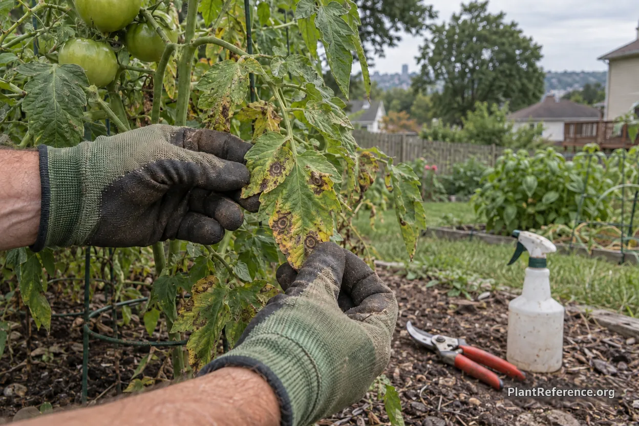 Early blight symptoms on tomato leaves in Pittsburgh's humid Zone 6b climate
