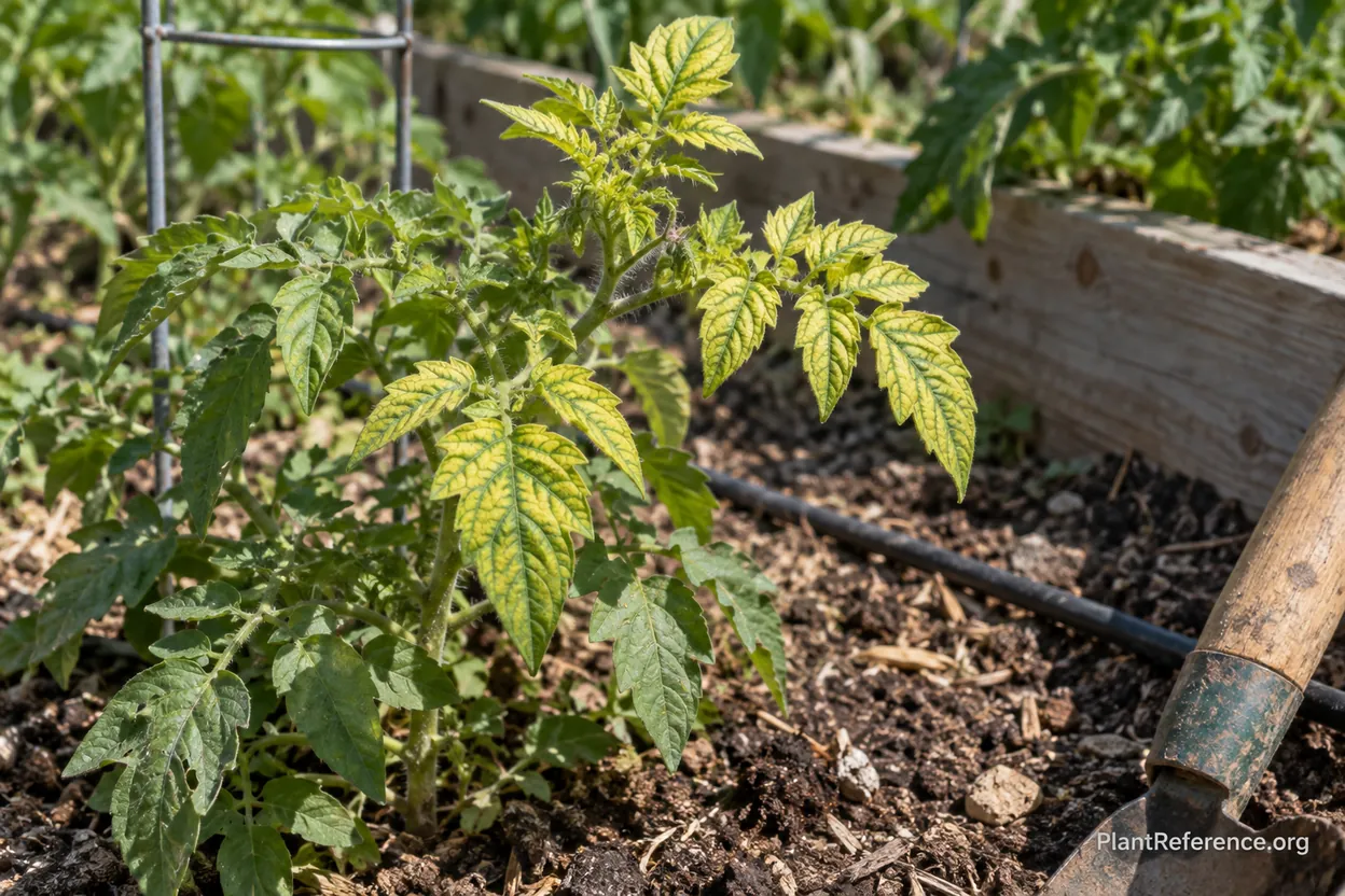 Tomato plant with iron chlorosis showing yellow leaves with green veins in Spokane garden