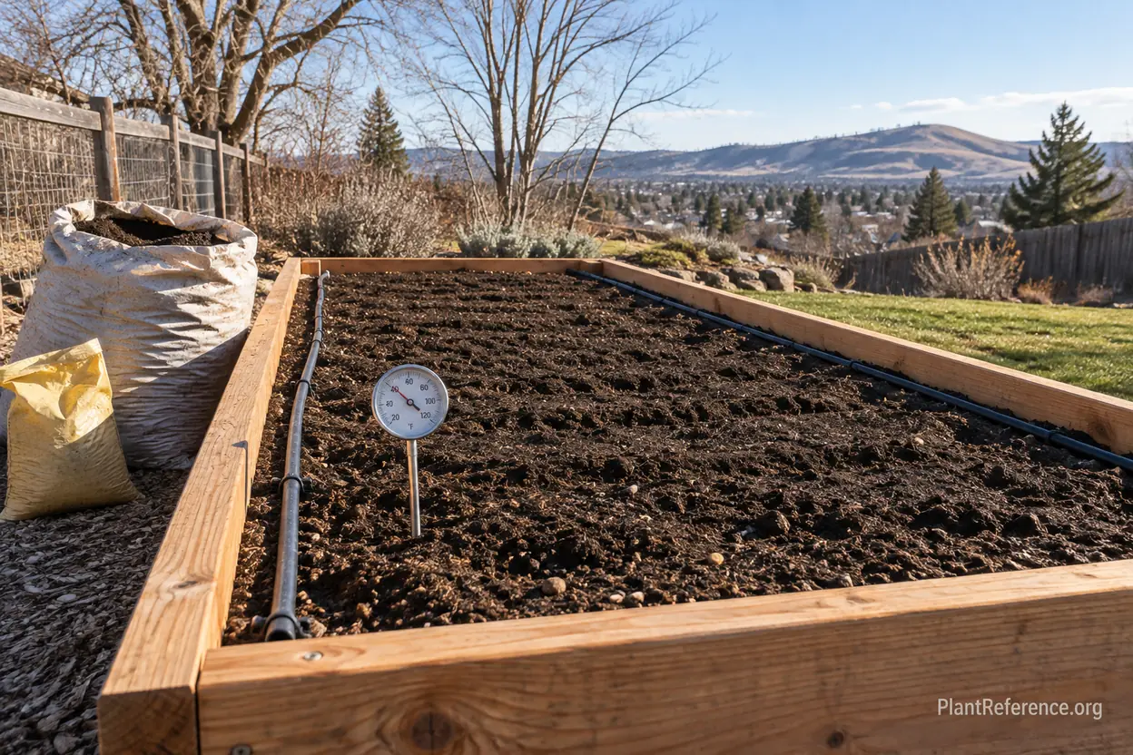 Cedar raised garden bed with amended soil and drip irrigation ready for vegetable planting in Spokane