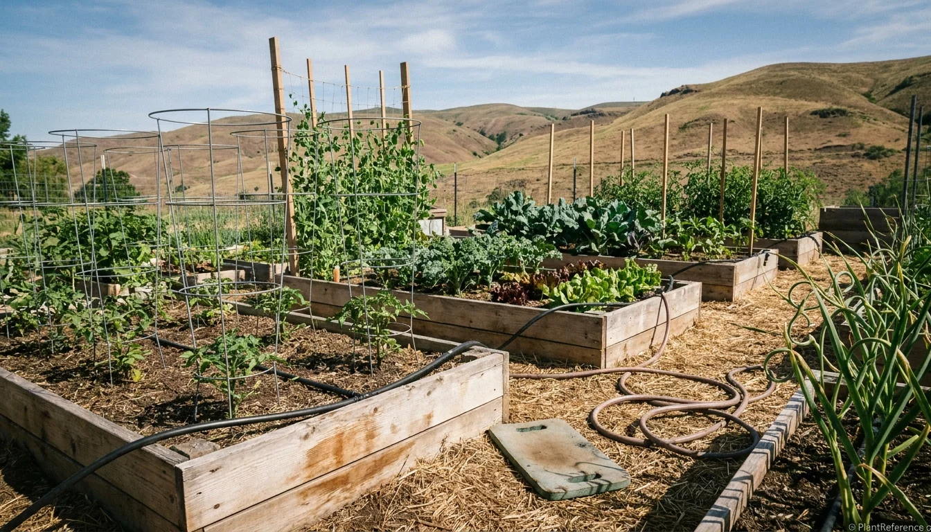 Spokane backyard vegetable garden with raised beds, tomato cages, and Eastern Washington landscape in distance