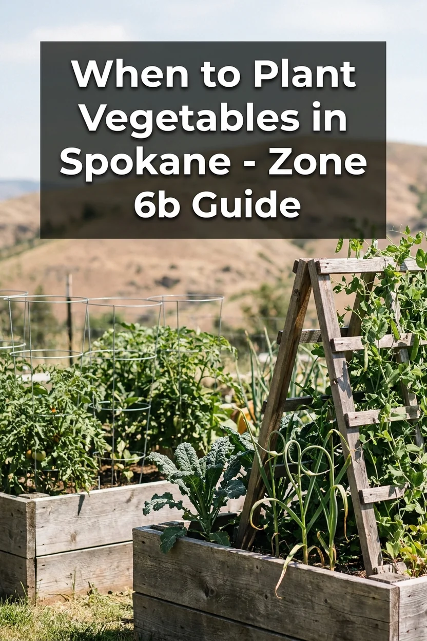 Spokane vegetable planting calendar Zone 6b vertical pin showing raised beds and text overlay