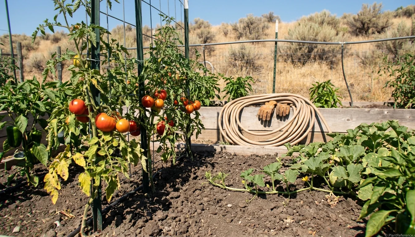 Yakima Valley Zone 7a vegetable garden with ripening tomatoes peppers and melons in summer heat