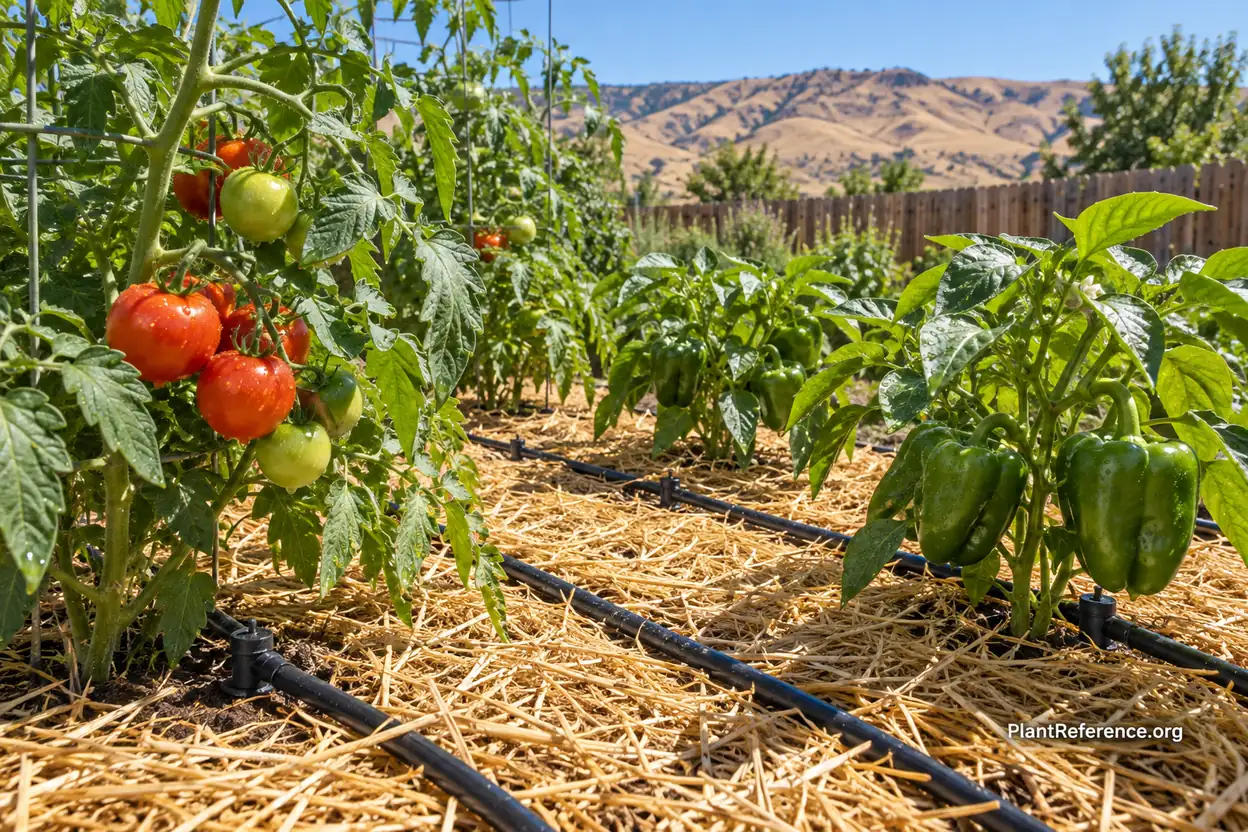 Drip irrigation and straw mulch conserving water around vegetables in dry Yakima Valley garden