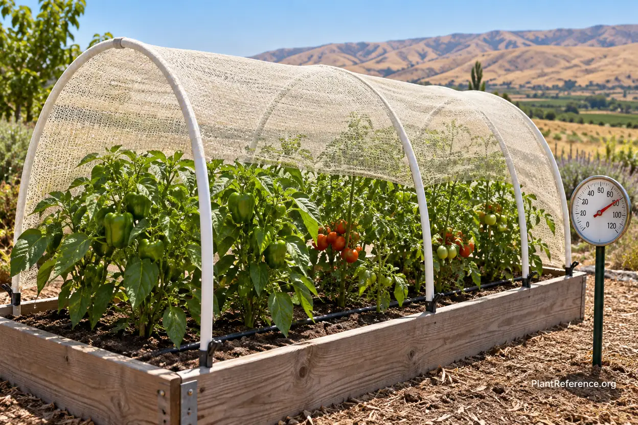 Shade cloth protecting peppers and tomatoes from heat stress and sunscald in Yakima Valley