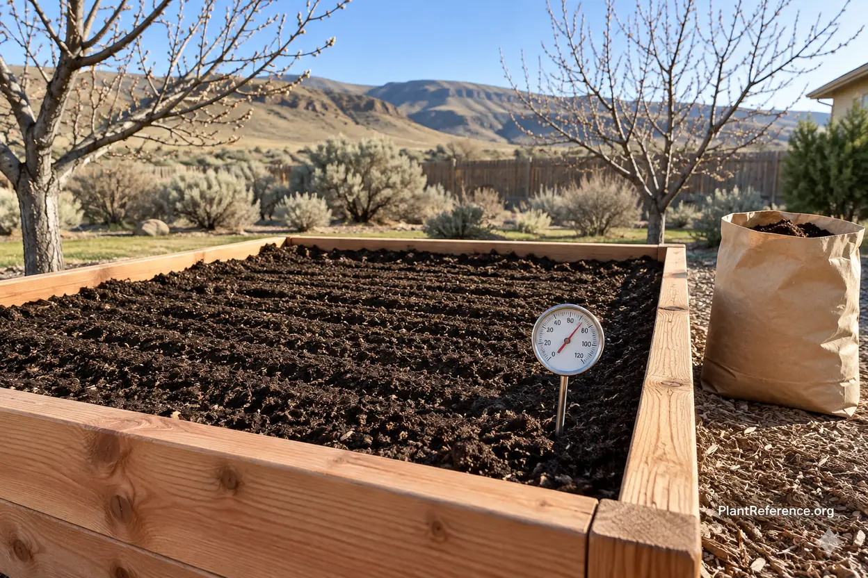 Raised bed with amended soil and soil thermometer prepared for planting in Yakima Valley