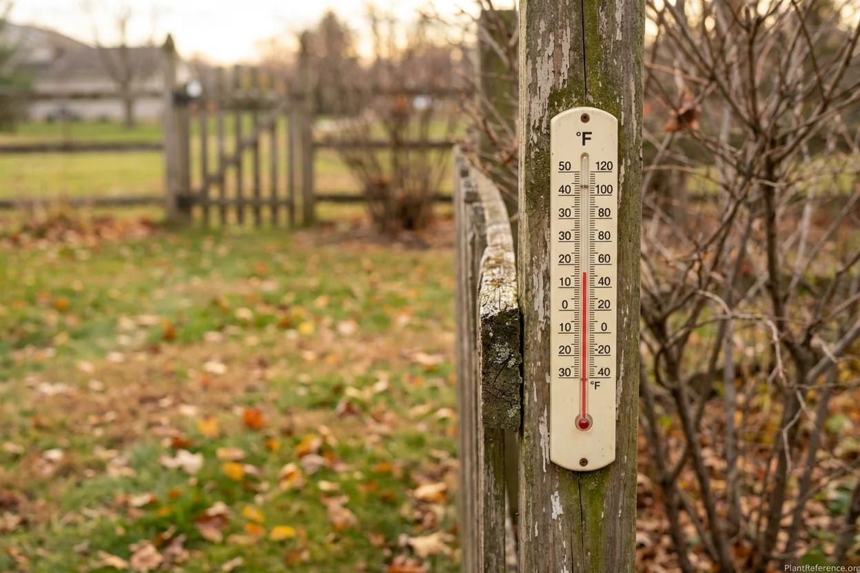 Outdoor thermometer showing air temperature below 50 degrees signaling time to stop mowing