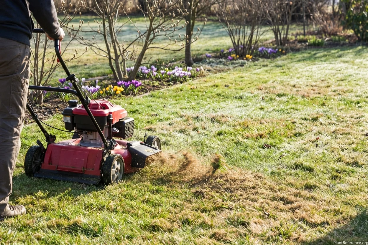 First spring mow of cool-season lawn at 2.5 inches removing brown winter-damaged grass tips