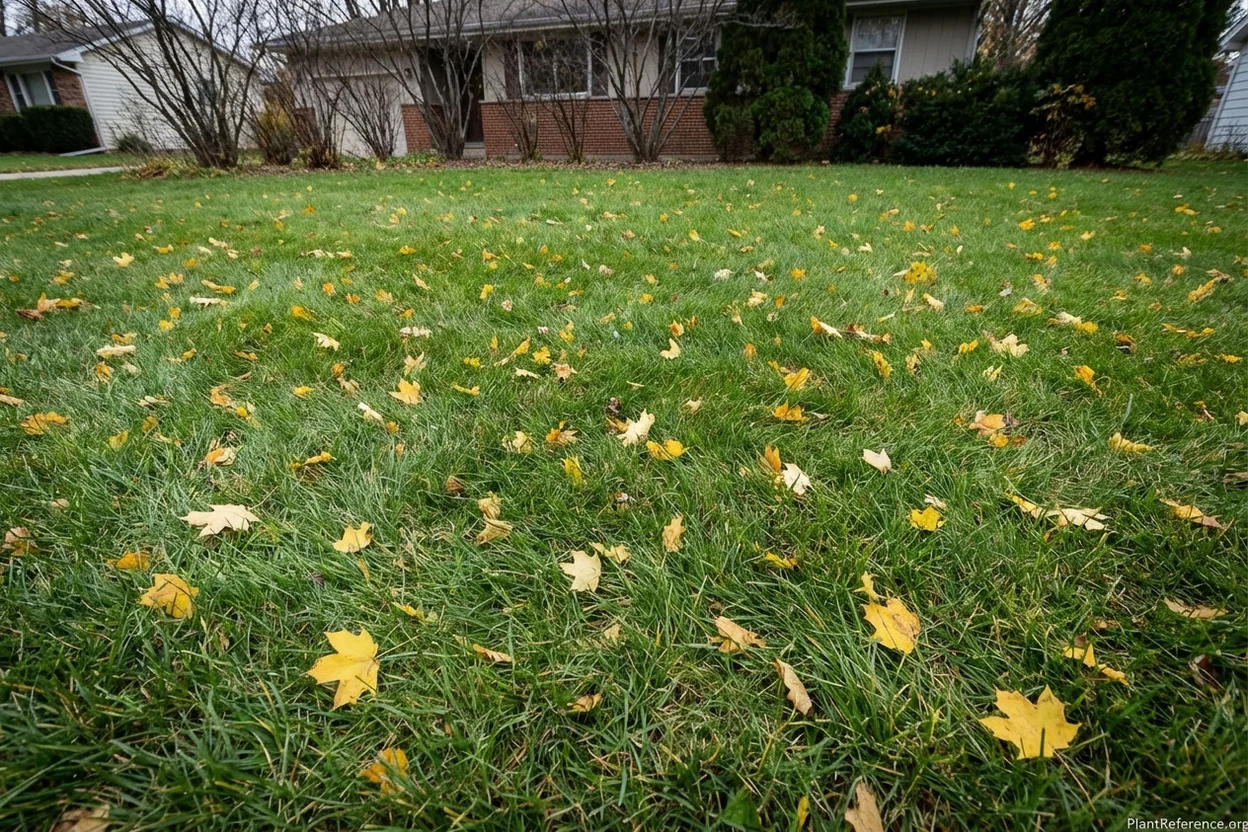 Residential lawn in late October with slowed growth and fall leaves indicating final mowing time
