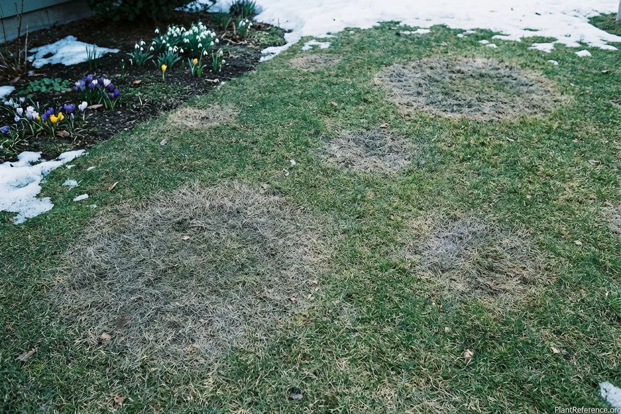 Gray snow mold damage on lawn in early spring from grass left too tall during winter