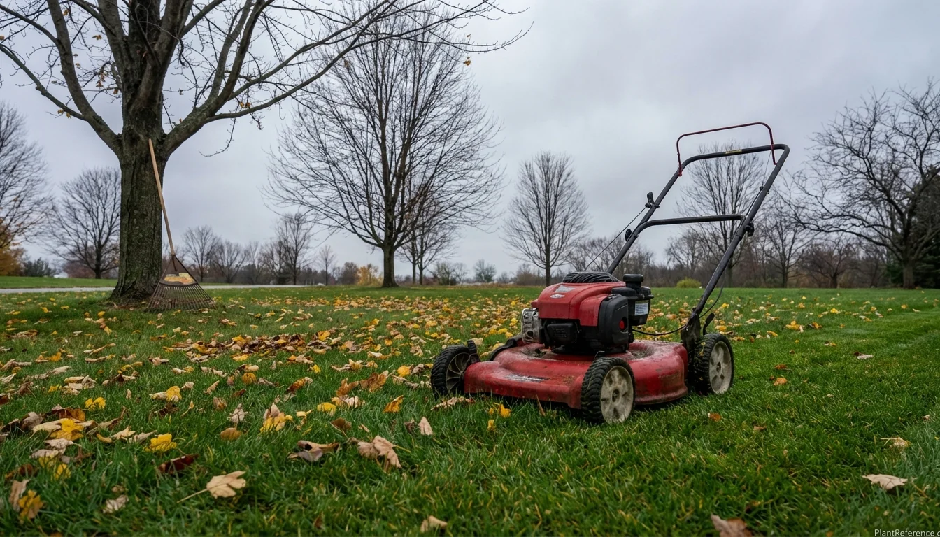 Push mower on residential lawn in late fall with scattered leaves during final mow of the season
