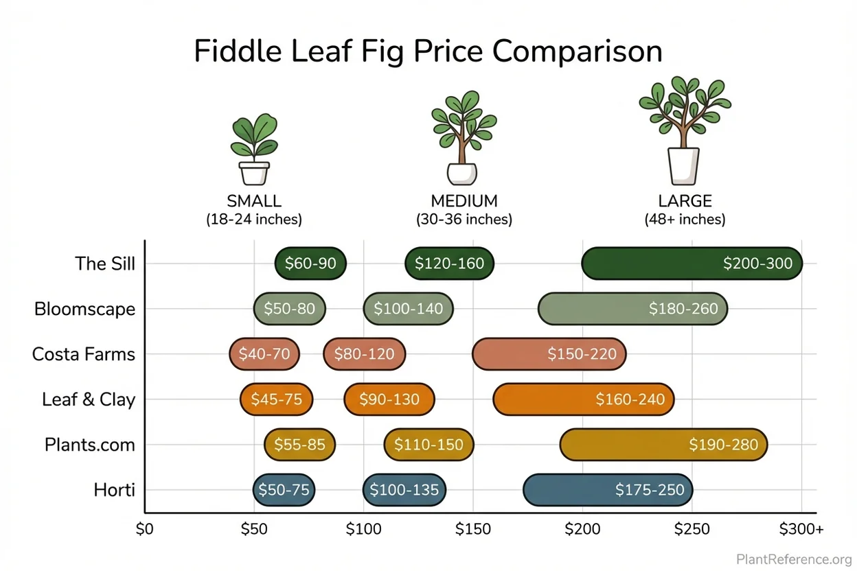 Visual price comparison showing fiddle leaf fig costs from different online nurseries by size