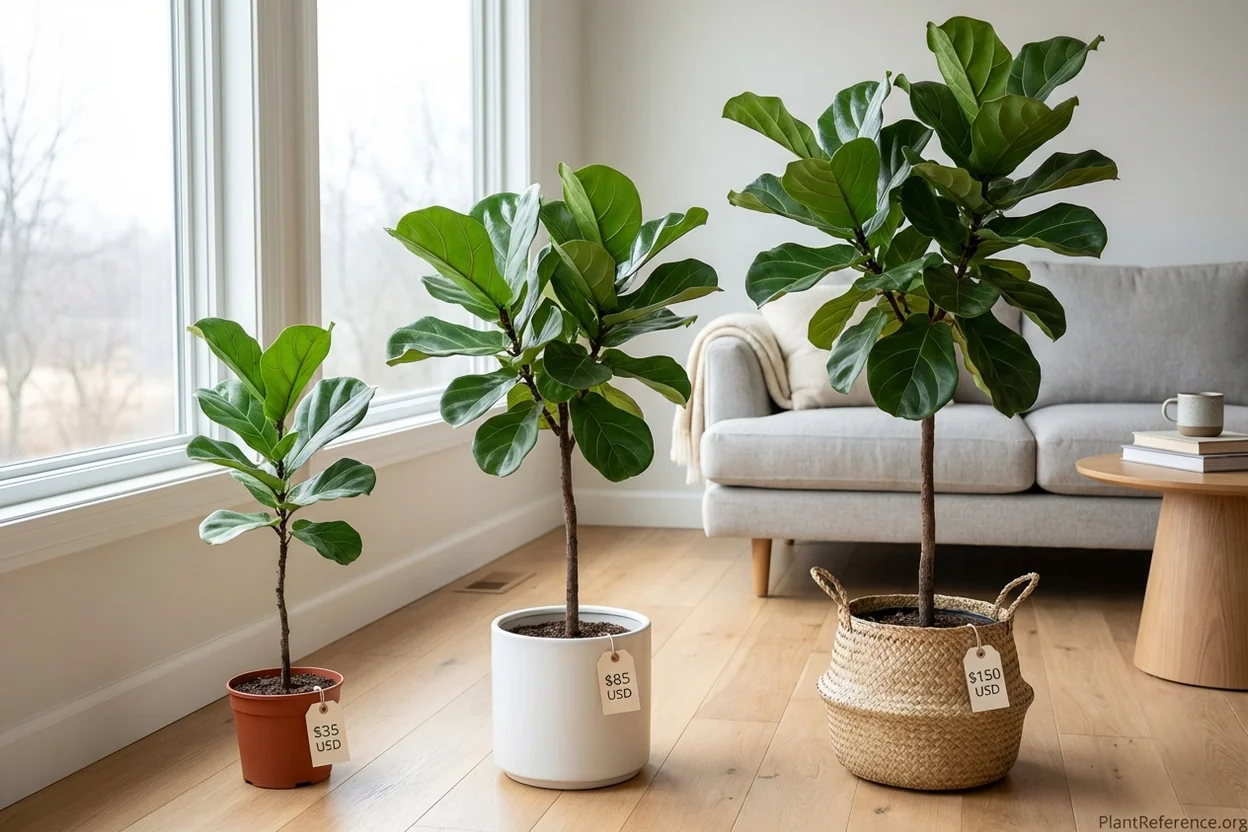 Three fiddle leaf figs showing size differences from budget, mid-range, and premium online nurseries