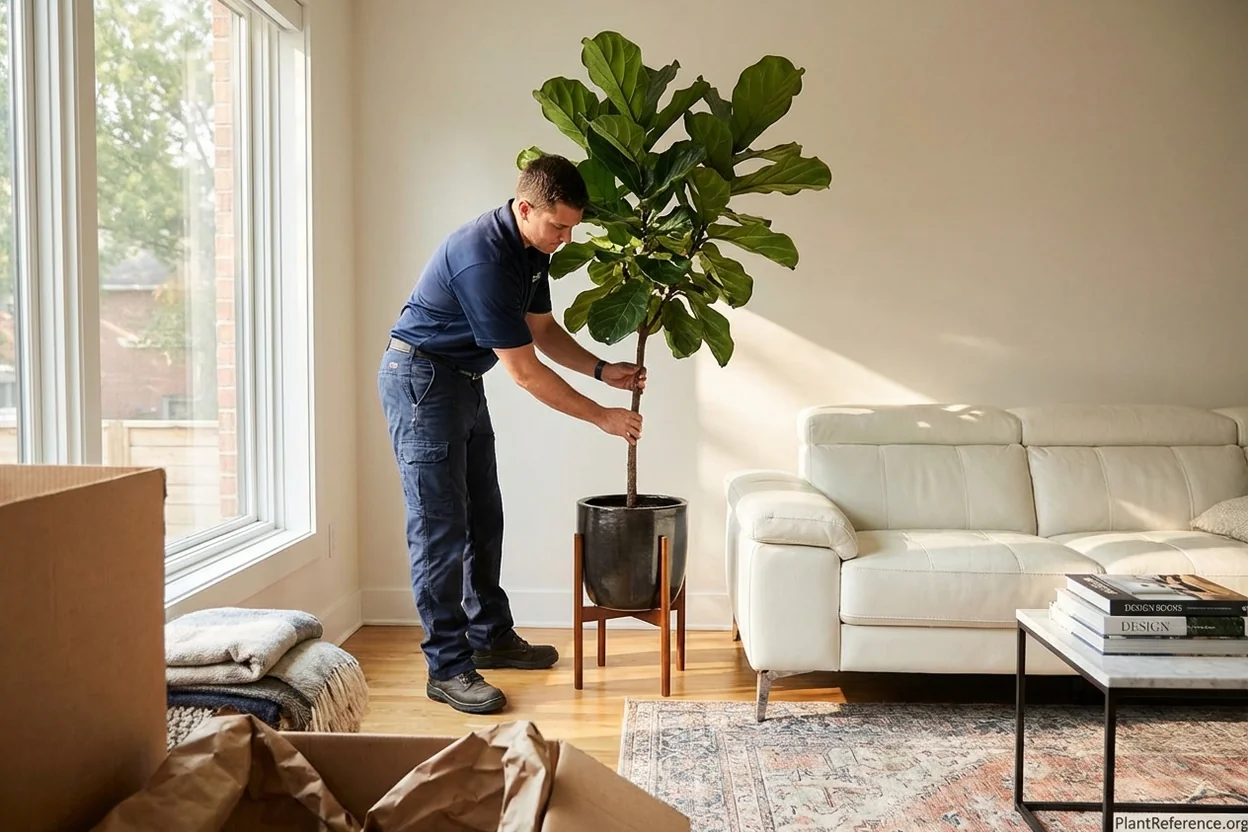 Professional delivery team positioning large mature fiddle leaf fig in modern living room