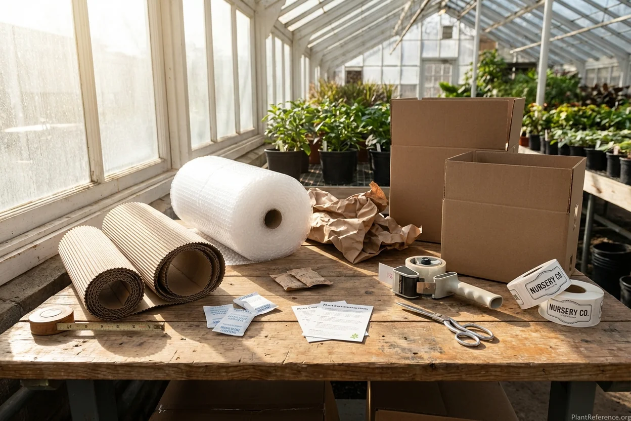 Professional nursery shipping materials including protective sleeves, moisture control, and sturdy boxes