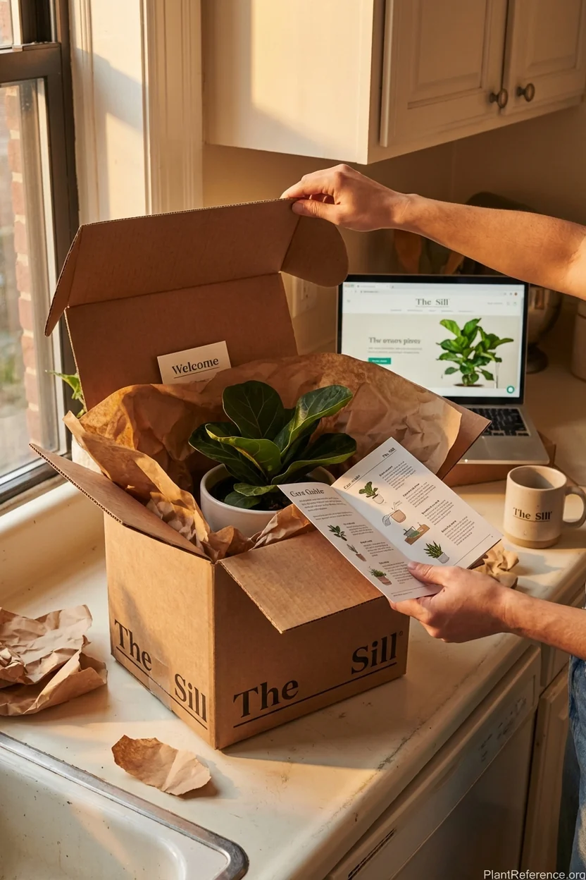 The Sill branded plant package being opened showing custom packaging and plant care guide