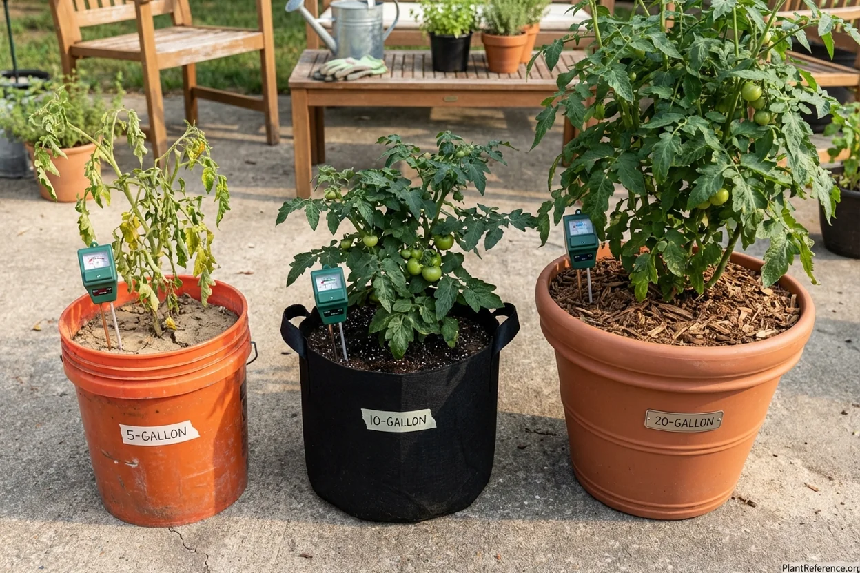 Different sized containers showing soil moisture levels and plant health comparison