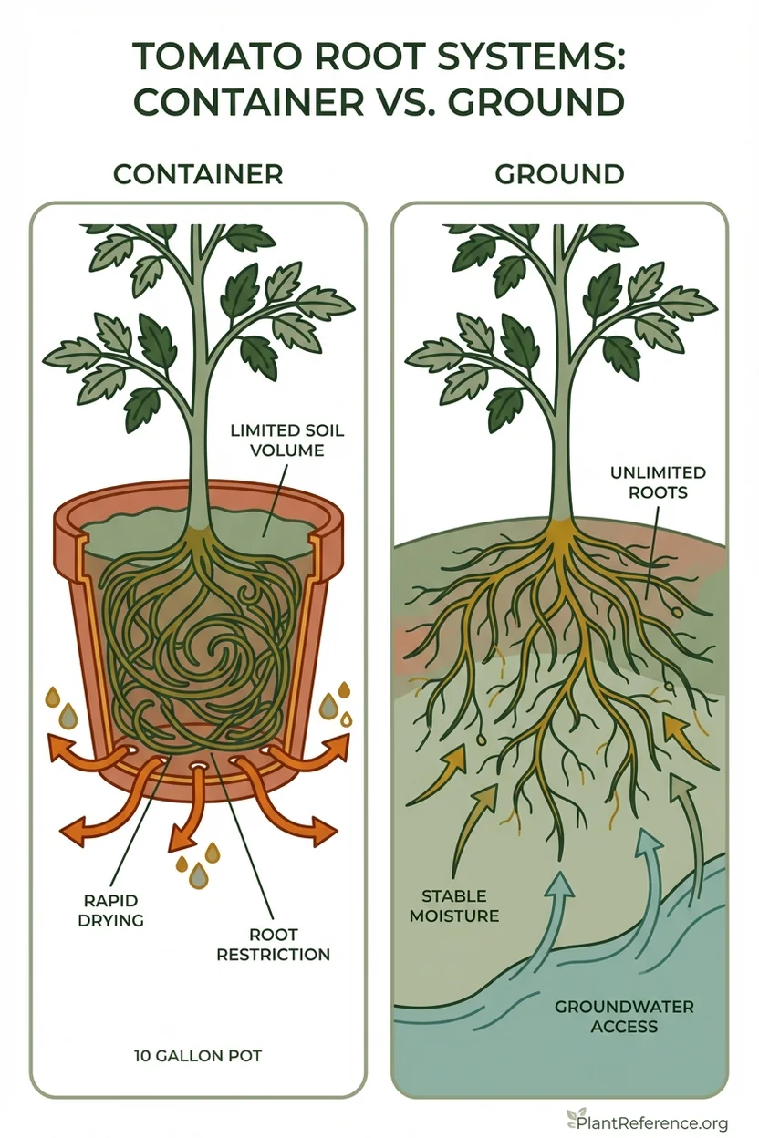 Educational diagram comparing root zones and water movement in containers versus ground planting