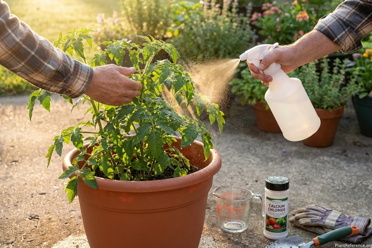 Applying foliar calcium spray to container tomato leaves for blossom end rot treatment