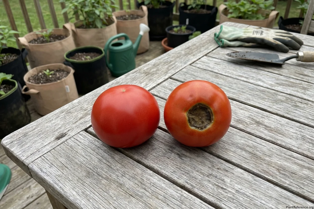 Comparison showing healthy container tomato next to tomato with blossom end rot damage