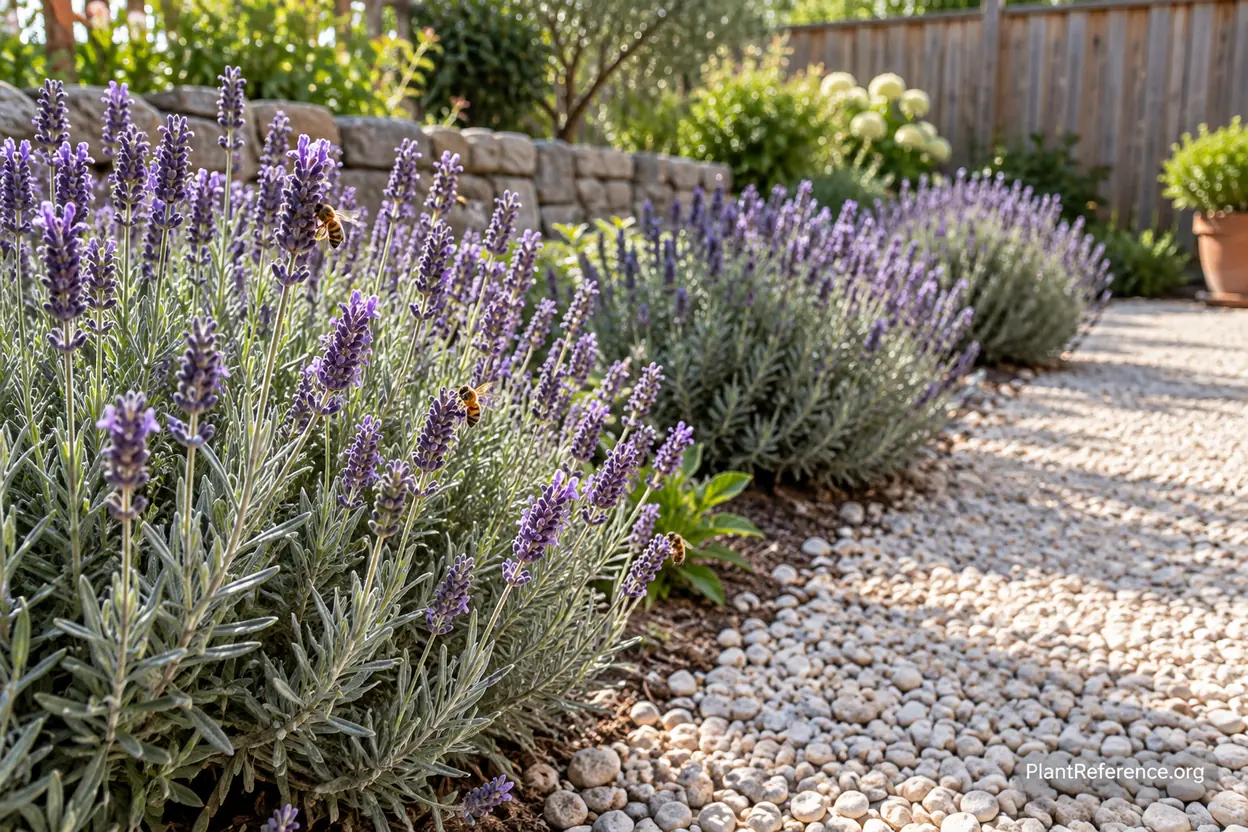 Row of flowering purple lavender plants beside a gravel path in full sun
