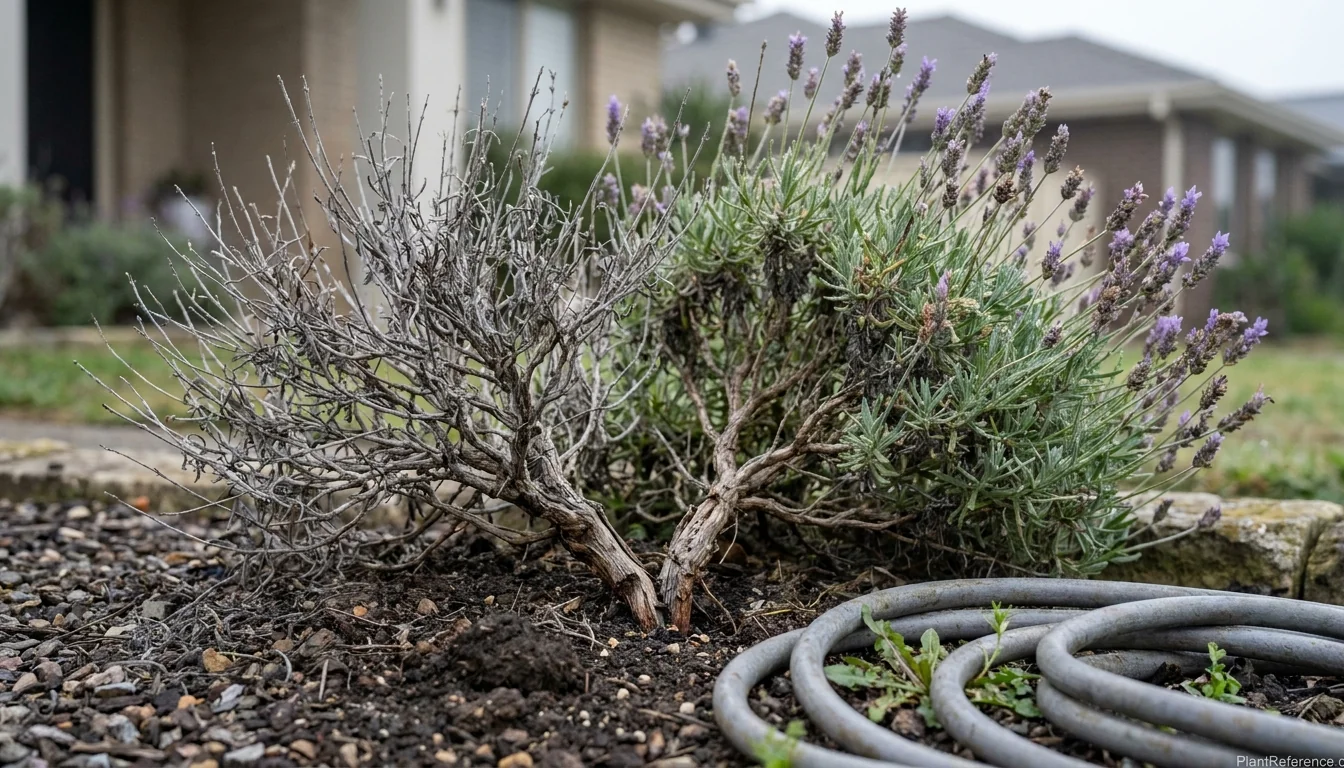 Lavender plant dying on one side with grey woody stems while the other half still flowers