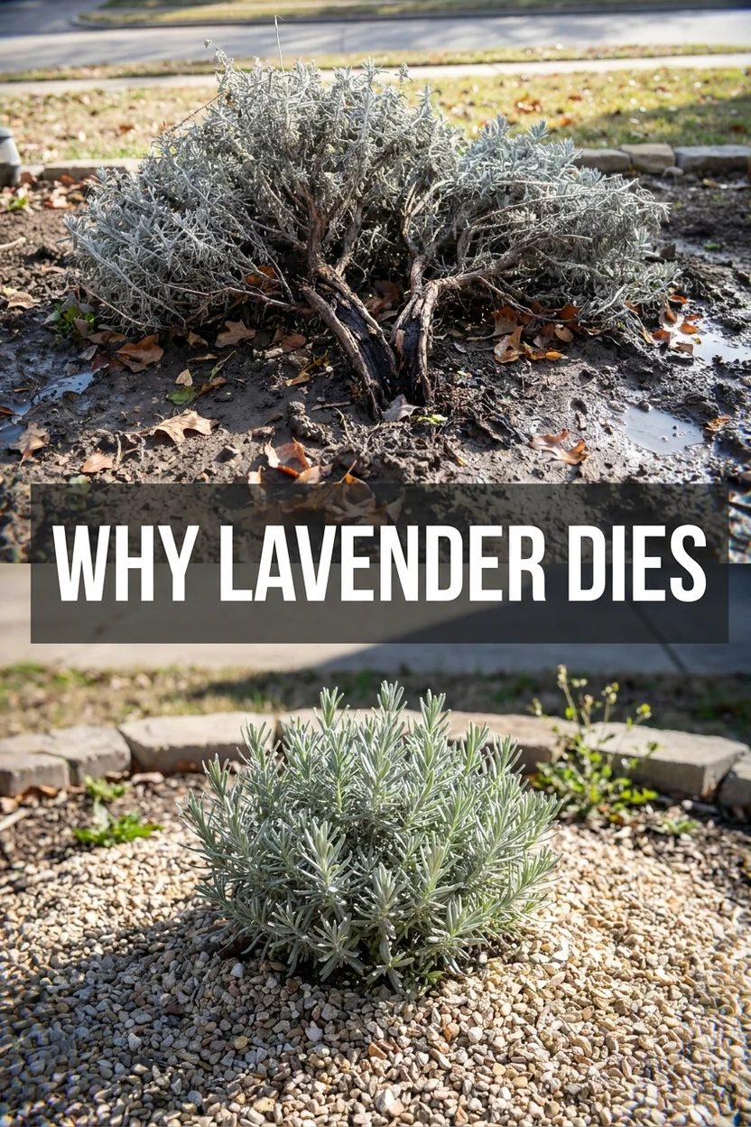 Pinterest graphic comparing a dying lavender plant with a thriving lavender plant