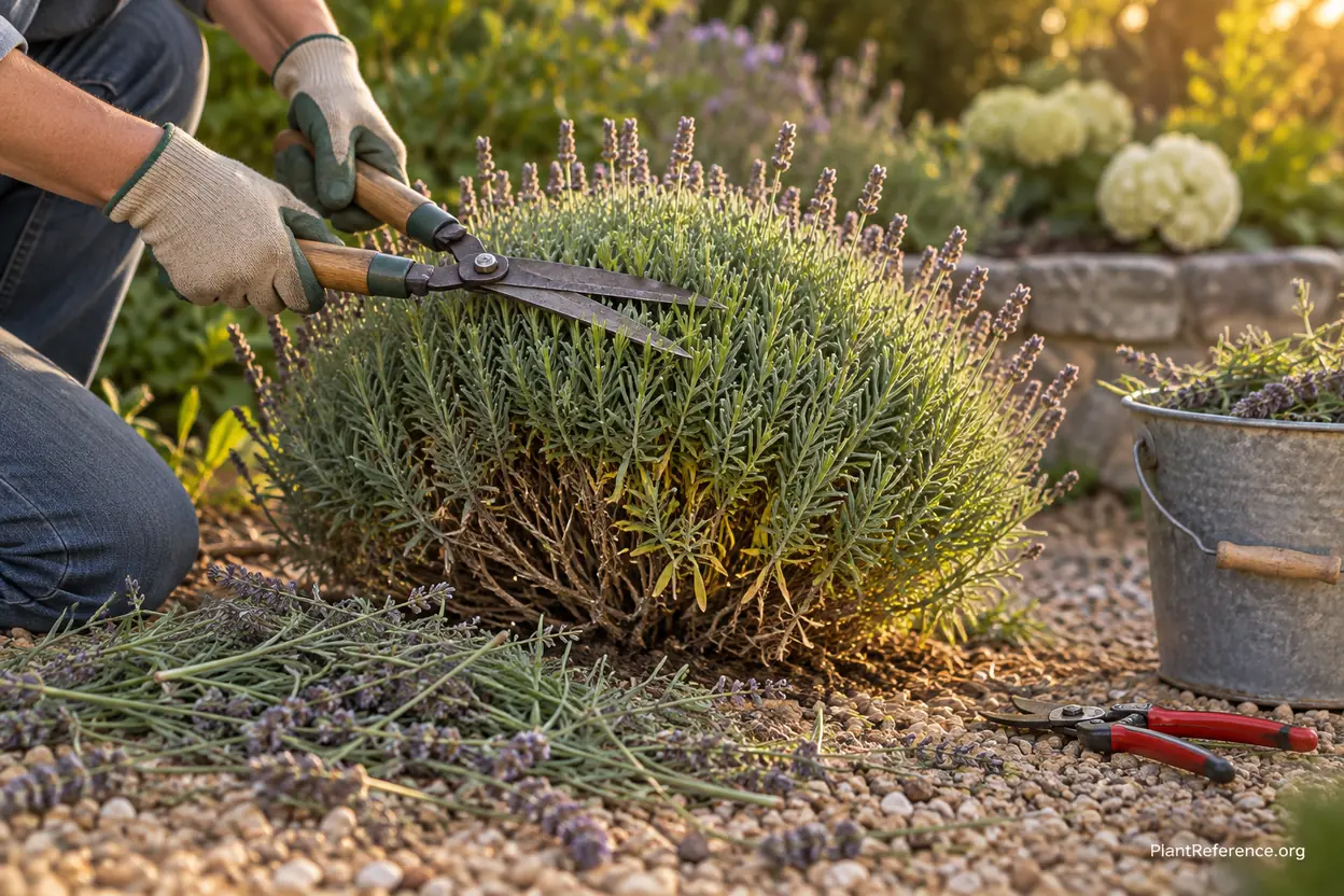 Hands pruning lavender stems into a rounded mound with sharp hand shears