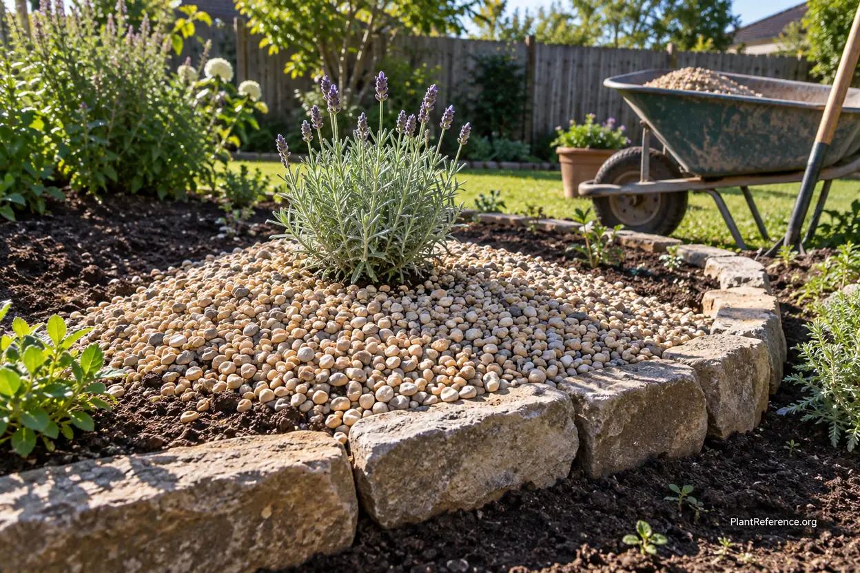 Young lavender planted on a raised soil mound topped with pea gravel mulch