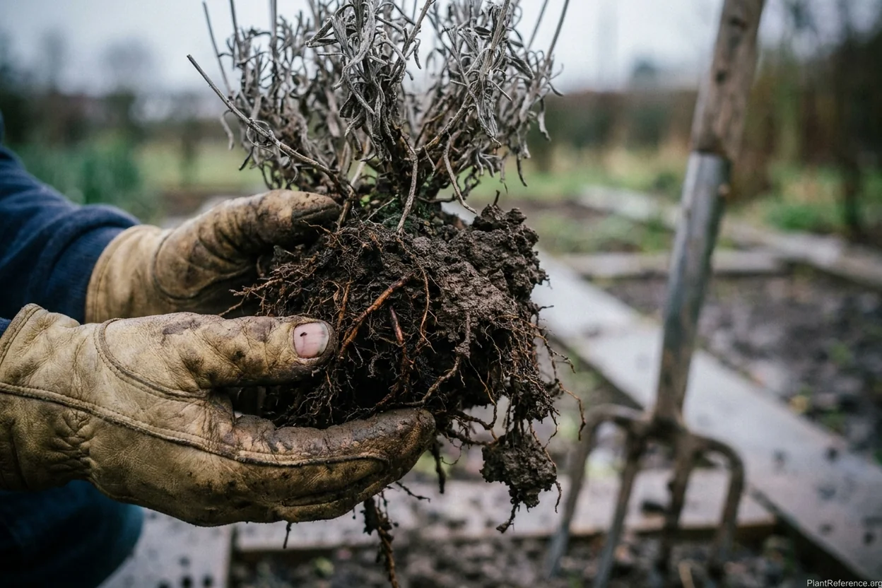 Rotted lavender roots and dark waterlogged soil held in a gardener's gloved hand